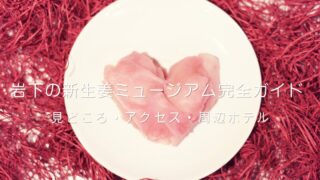 白い皿にハート型に盛られたピンクの岩下の新生姜の写真。赤い飾りの上に置かれている。岩下の新生姜ミュージアムの見どころ・アクセス・周辺ホテルを紹介する完全ガイド記事のアイキャッチ画像。